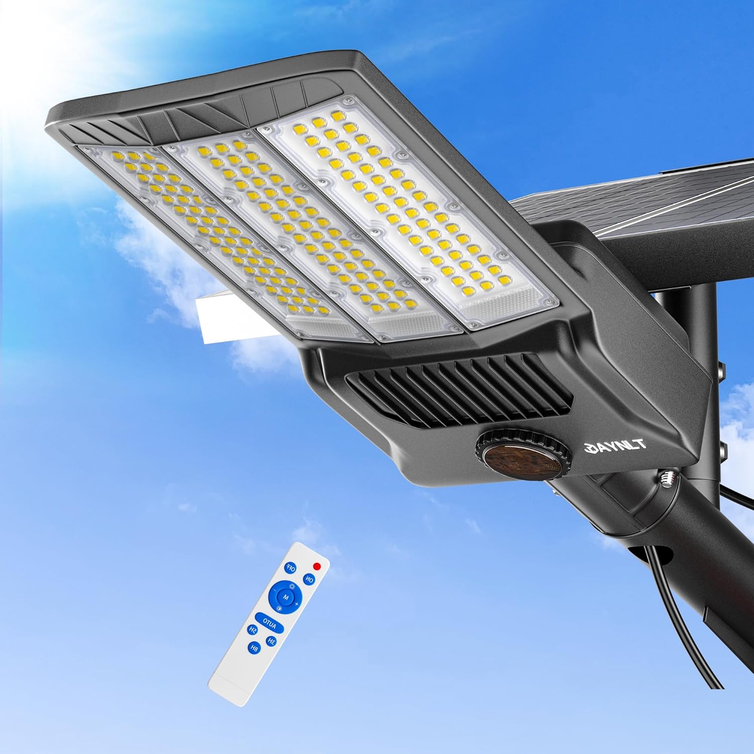 JAYNLT 9800 W Solar Street Light – 750,000 Lm 6500 K Dusk-to-Dawn Waterproof Parking-Lot Flood Lamp w/ Remote for Driveways & Basketball Courts